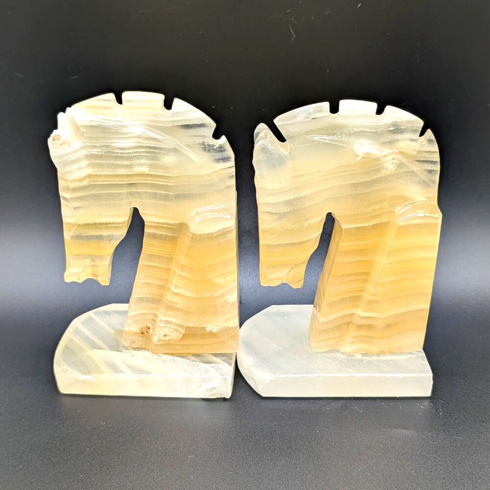 Carved Horse Head Stone Bookends Polished Striped Beige & White